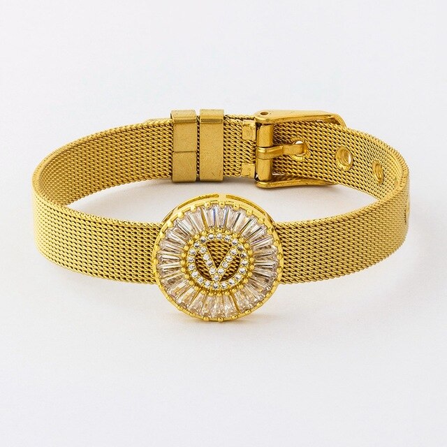 New Adjustable Stainless Steel Watch Belt Bracelet Bangle Copper CZ Initial 26 Letters Name Bracelets Jewelry For Women Gift