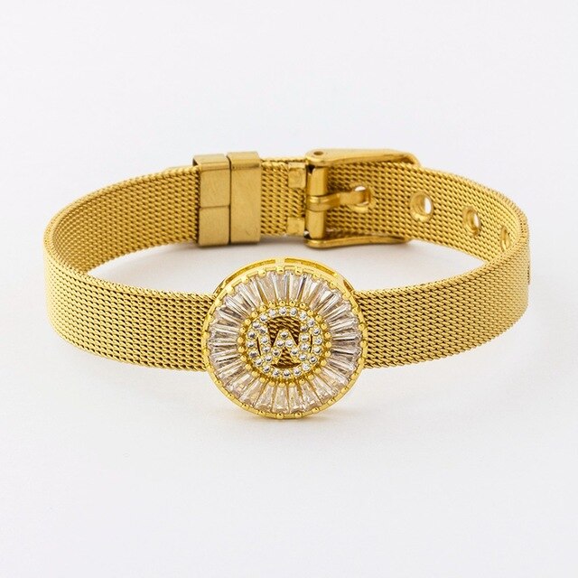New Adjustable Stainless Steel Watch Belt Bracelet Bangle Copper CZ Initial 26 Letters Name Bracelets Jewelry For Women Gift
