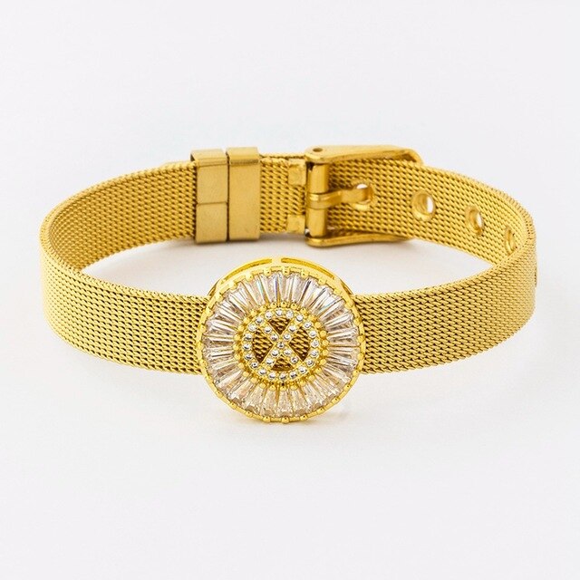 New Adjustable Stainless Steel Watch Belt Bracelet Bangle Copper CZ Initial 26 Letters Name Bracelets Jewelry For Women Gift