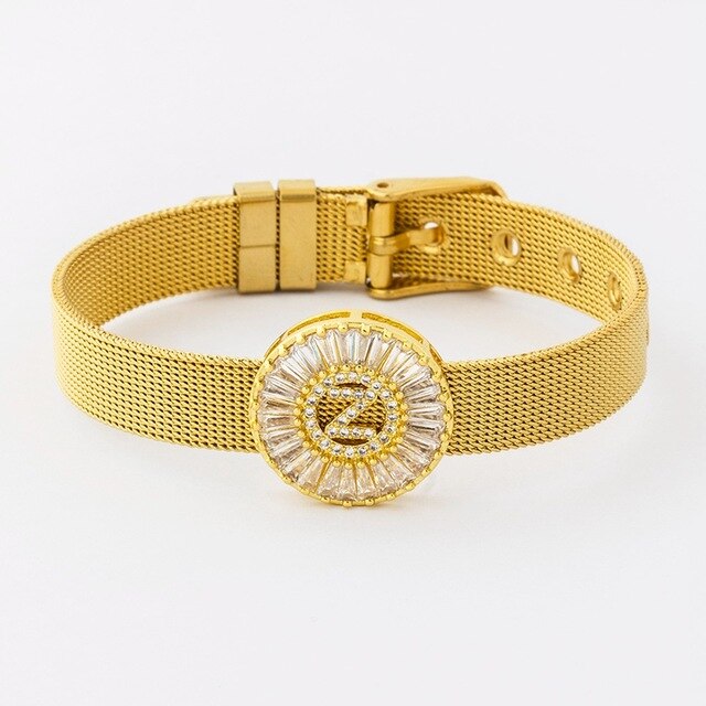 New Adjustable Stainless Steel Watch Belt Bracelet Bangle Copper CZ Initial 26 Letters Name Bracelets Jewelry For Women Gift