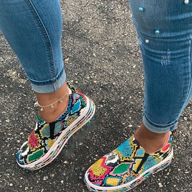 Shoes And Bags INS HOT Colorful Snake Printed Vulcanized Loafers Female Sneakers Fashion 2020 Women Footwear