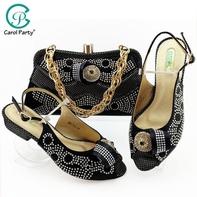 Green Color African Shoes And Bag Matching Set With Stones Shoes Women Italian design Shoes And Bag Set For Party Wedding