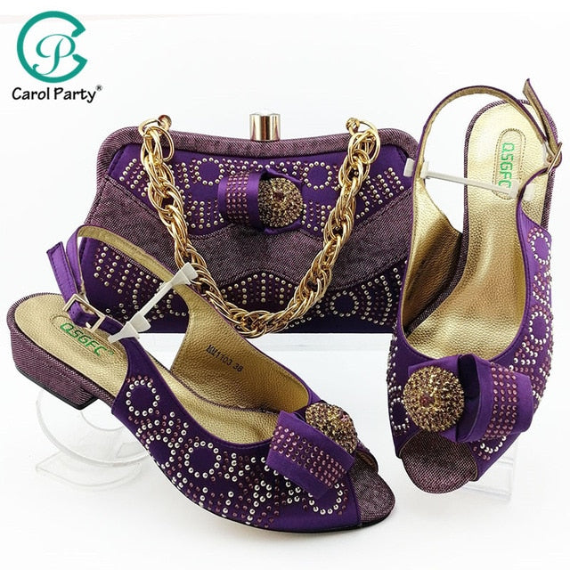 Green Color African Shoes And Bag Matching Set With Stones Shoes Women Italian design Shoes And Bag Set For Party Wedding