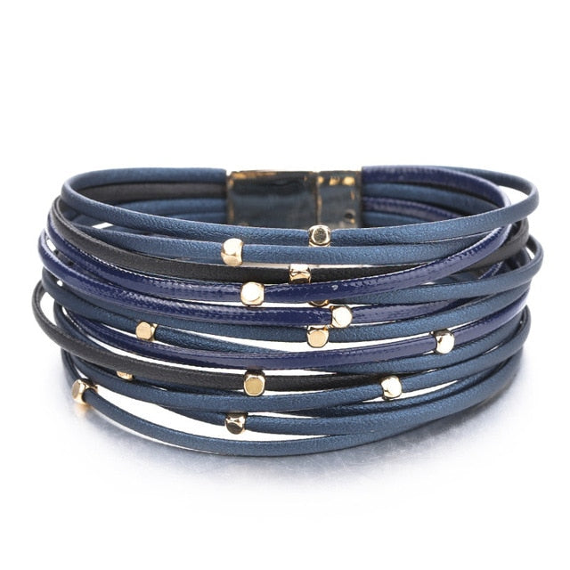 ALLYES Metal Beads Genuine Leather Bracelets For Women 2020 Fashion Slim Strips Boho Multilayer Wide Wrap Bracelet Femme Jewelry