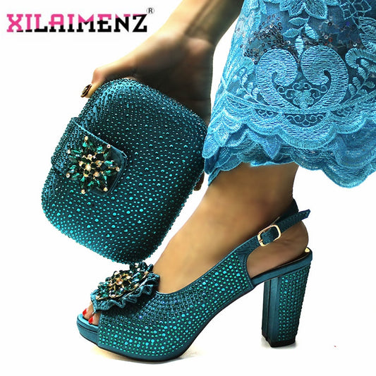 High Quality Italian New Design Matching Shoes and Bag Set in Teal Color Comfortable Heels Lady Shoes and Bag for Party
