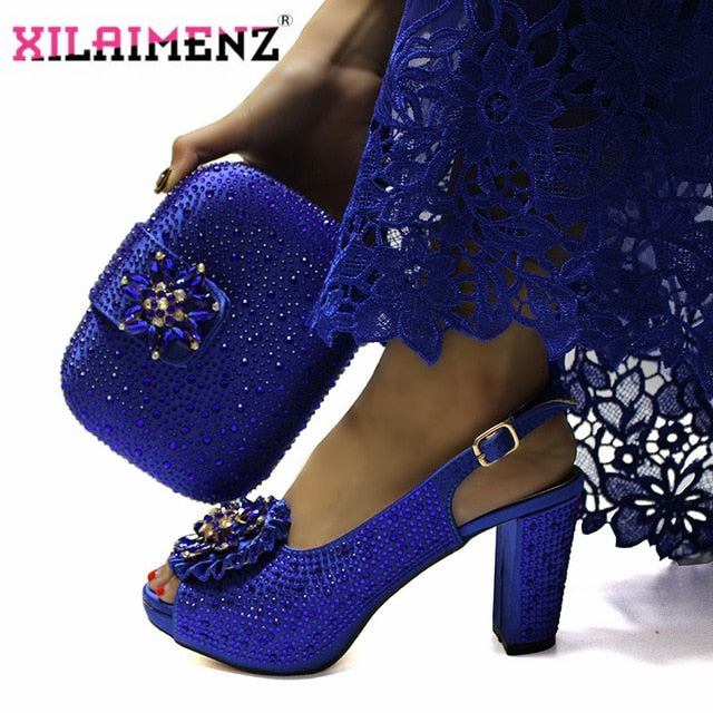 High Quality Italian New Design Matching Shoes and Bag Set in Teal Color Comfortable Heels Lady Shoes and Bag for Party