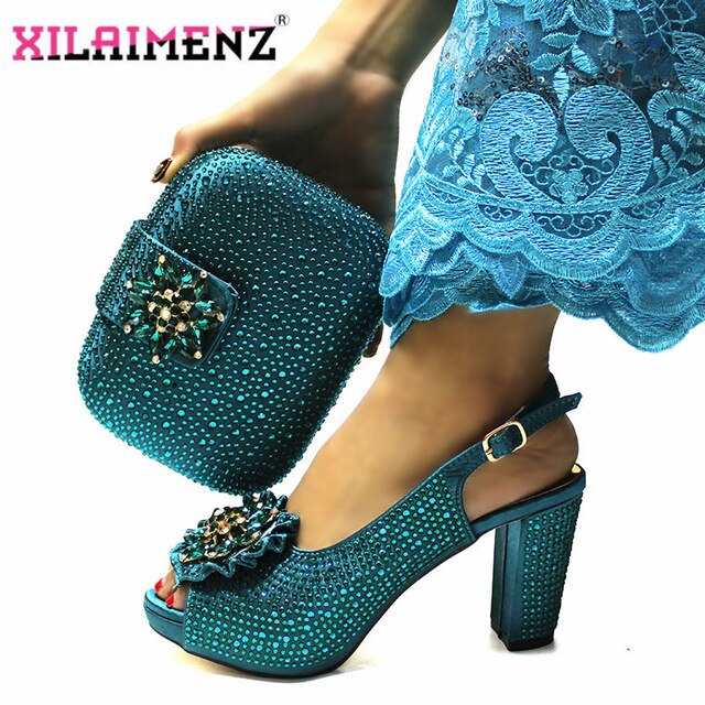High Quality Italian New Design Matching Shoes and Bag Set in Teal Color Comfortable Heels Lady Shoes and Bag for Party