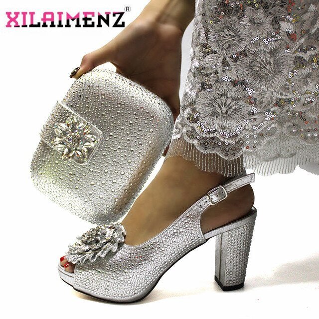 High Quality Italian New Design Matching Shoes and Bag Set in Teal Color Comfortable Heels Lady Shoes and Bag for Party