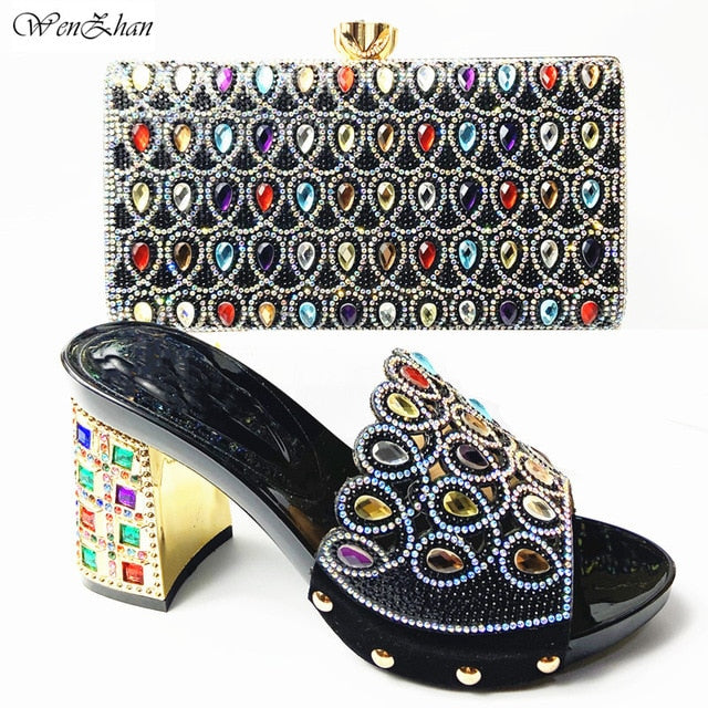 Latest Italian Med Heel Shoes 7cm And Bag For Evening Party With Rhinstones Gold Italian Handbags Match Bags set 37-42 201-7