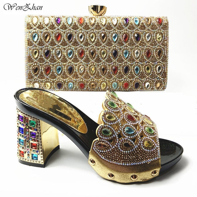 Latest Italian Med Heel Shoes 7cm And Bag For Evening Party With Rhinstones Gold Italian Handbags Match Bags set 37-42 201-7