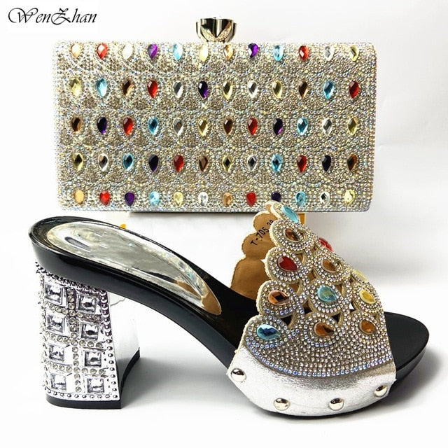 Latest Italian Med Heel Shoes 7cm And Bag For Evening Party With Rhinstones Gold Italian Handbags Match Bags set 37-42 201-7