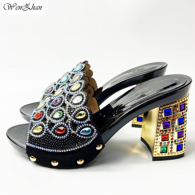 Latest Italian Med Heel Shoes 7cm And Bag For Evening Party With Rhinstones Gold Italian Handbags Match Bags set 37-42 201-7