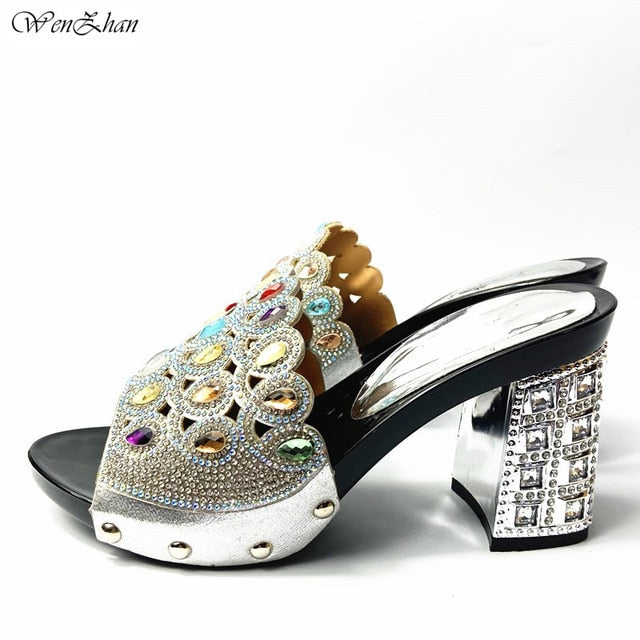 Latest Italian Med Heel Shoes 7cm And Bag For Evening Party With Rhinstones Gold Italian Handbags Match Bags set 37-42 201-7