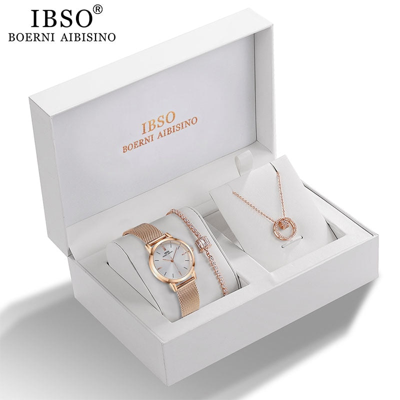 IBSO Women Quartz Watch Set Rose Gold Crystal Design Bracelet Necklace Watch Sets Female Jewelry Set Watch Lady's Wife Mom  Gift