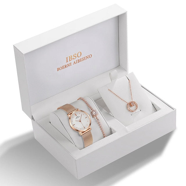 IBSO Women Quartz Watch Set Rose Gold Crystal Design Bracelet Necklace Watch Sets Female Jewelry Set Watch Lady's Wife Mom  Gift