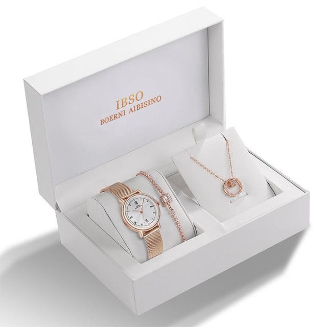 IBSO Women Quartz Watch Set Rose Gold Crystal Design Bracelet Necklace Watch Sets Female Jewelry Set Watch Lady's Wife Mom  Gift