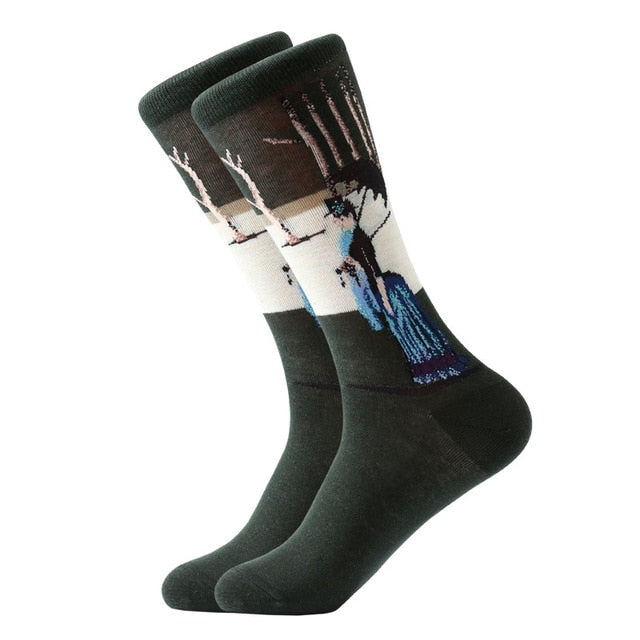 LETSBUY 1pair Combed Cotton Colorful Van Gogh Retro Oil Painting Men Socks cool casual Dress Funny party dress crew Socks