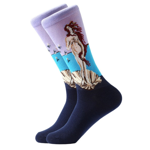 LETSBUY 1pair Combed Cotton Colorful Van Gogh Retro Oil Painting Men Socks cool casual Dress Funny party dress crew Socks