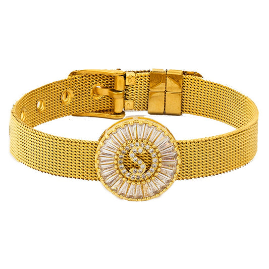 New Adjustable Stainless Steel Watch Belt Bracelet Bangle Copper CZ Initial 26 Letters Name Bracelets Jewelry For Women Gift