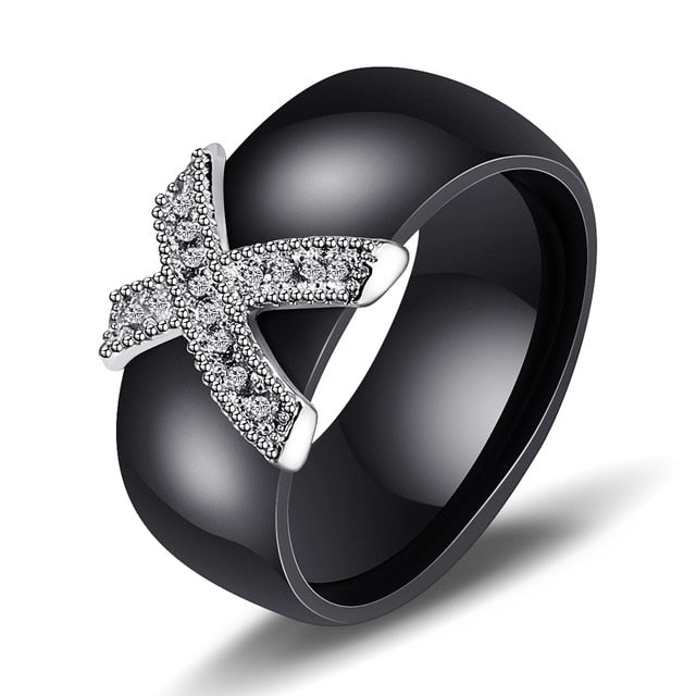 6mm White Black Ceramic Rings Plus Cubic Zirconia For Women Gold Color Stainless Steel Women Wedding Ring Engagement Jewelry