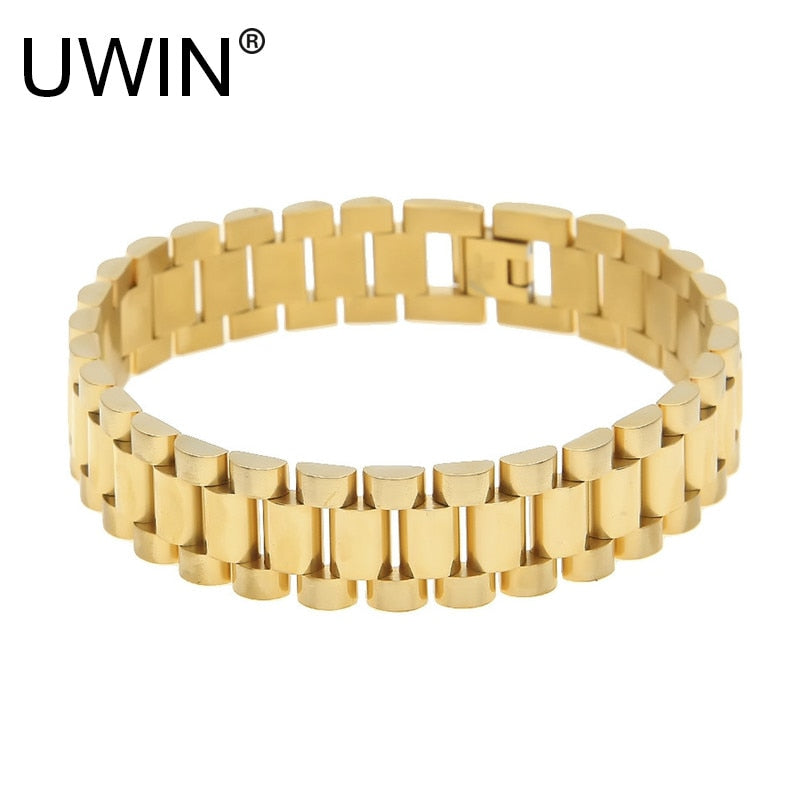 UWIN Men Stainless Steel Hip hop Style Bracelet 24k Gold silver color Watch Band Bracelet Link Fashion Punk Jewelry 15mm 21mm