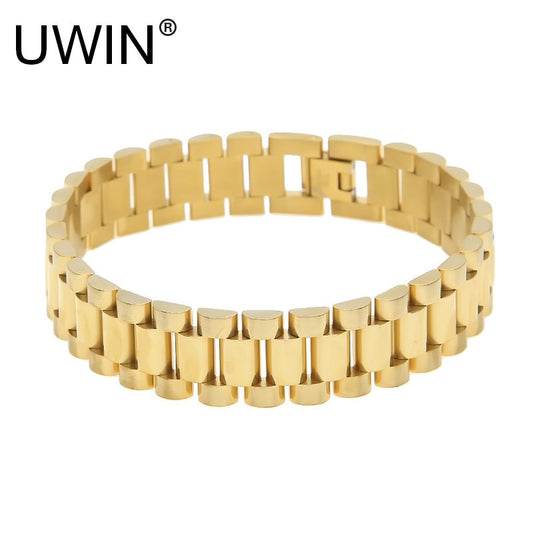 UWIN Men Stainless Steel Hip hop Style Bracelet 24k Gold silver color Watch Band Bracelet Link Fashion Punk Jewelry 15mm 21mm