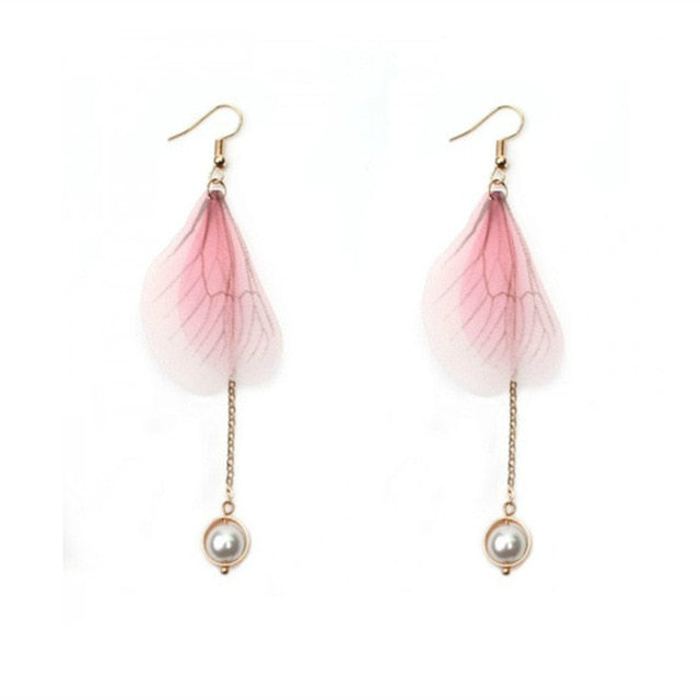 Korean Retro Asymmetric Butterfly Imitation Pearl Earrings Fashion Round Flower Brincos Long Statement Wings Earrings Jewelry