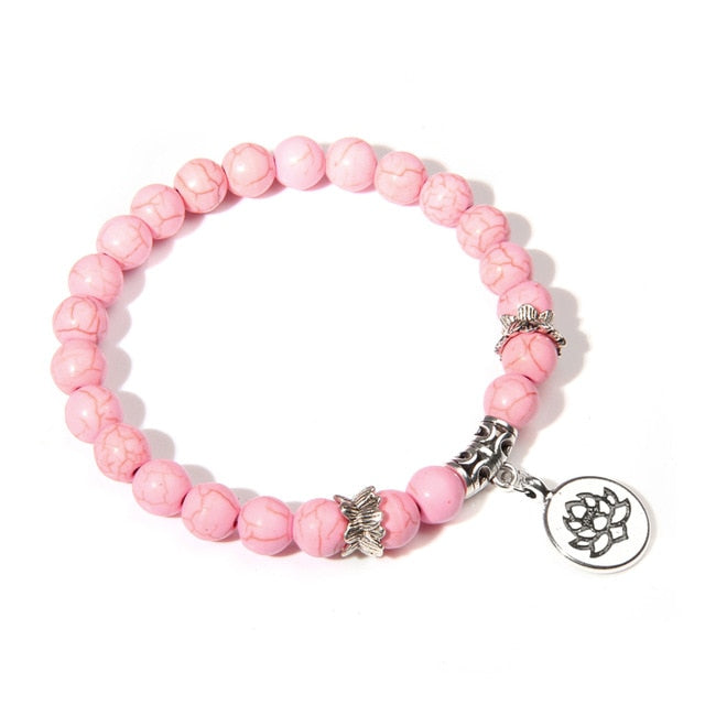 Handmade Natural Stone Lotus Ohm Buddha Beads Bracelet Pink Zebra Stone Lotus Charm Bracelet for Women Men Yoga  Jewelry Gifts
