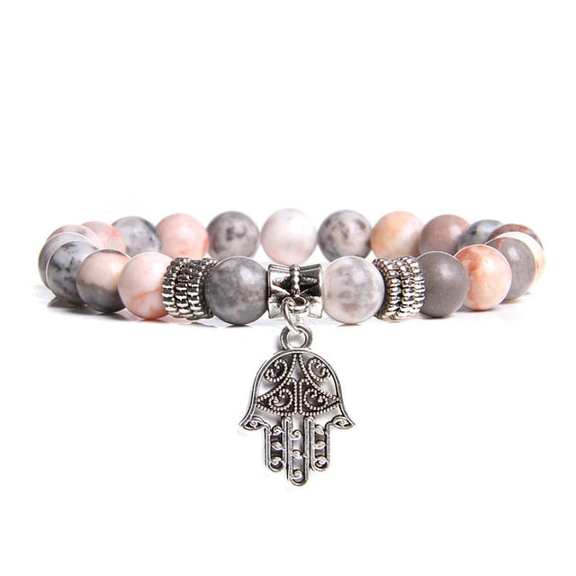 Handmade Natural Stone Lotus Ohm Buddha Beads Bracelet Pink Zebra Stone Lotus Charm Bracelet for Women Men Yoga  Jewelry Gifts