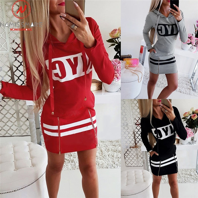 Women Casual Pencil Dress Hooded Zipper Decor O-Neck Long/Short Sleeve Letter Print High Waist Spring Summer Slim Hips Dress