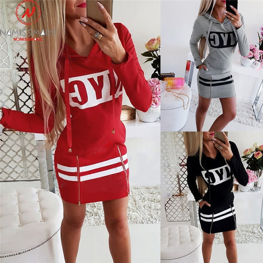 Women Casual Pencil Dress Hooded Zipper Decor O-Neck Long/Short Sleeve Letter Print High Waist Spring Summer Slim Hips Dress