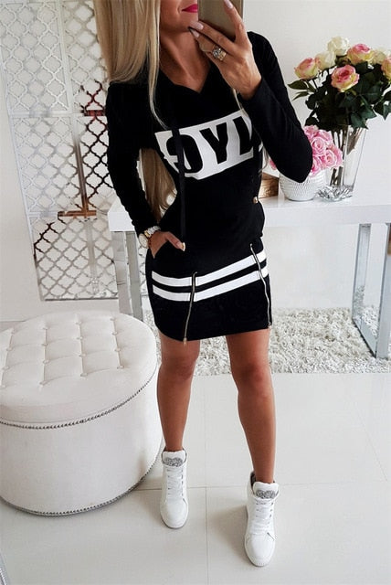 Women Casual Pencil Dress Hooded Zipper Decor O-Neck Long/Short Sleeve Letter Print High Waist Spring Summer Slim Hips Dress