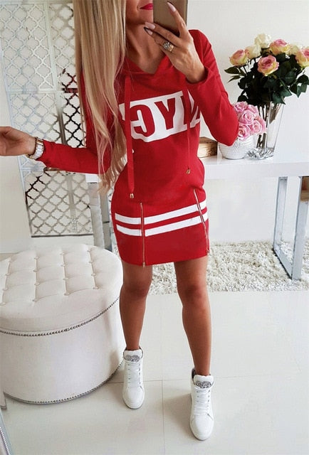 Women Casual Pencil Dress Hooded Zipper Decor O-Neck Long/Short Sleeve Letter Print High Waist Spring Summer Slim Hips Dress