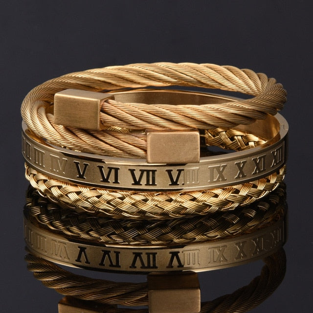 Luxury 3pcs/Set Stainless Steel Bracelet Hip Hop Men Jewelry Roman Number Charm  Gold Color Jewelry For  Men Pulseira Bileklik