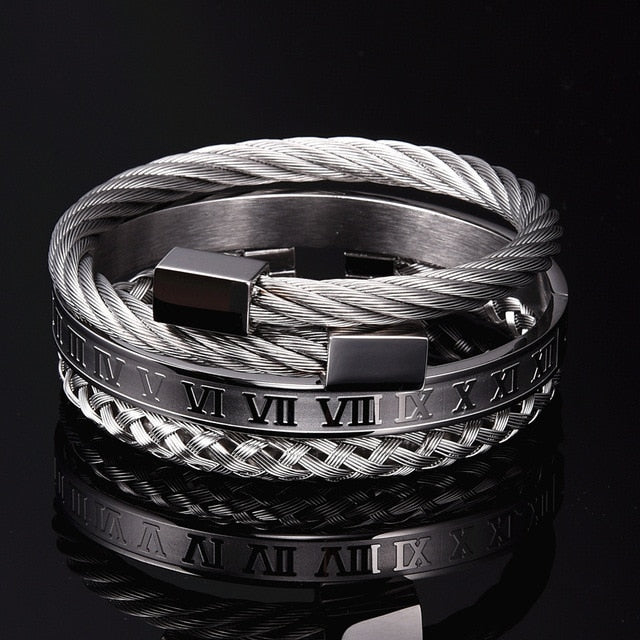Luxury 3pcs/Set Stainless Steel Bracelet Hip Hop Men Jewelry Roman Number Charm  Gold Color Jewelry For  Men Pulseira Bileklik