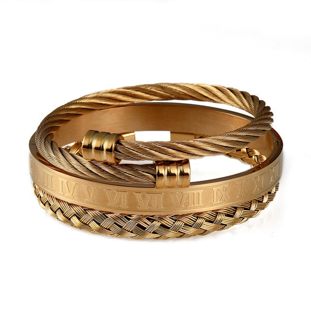 Luxury 3pcs/Set Stainless Steel Bracelet Hip Hop Men Jewelry Roman Number Charm  Gold Color Jewelry For  Men Pulseira Bileklik
