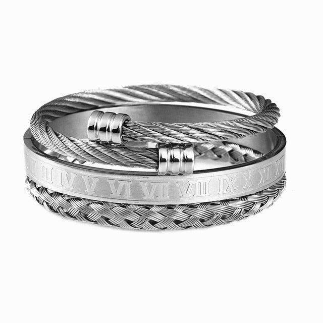 Luxury 3pcs/Set Stainless Steel Bracelet Hip Hop Men Jewelry Roman Number Charm  Gold Color Jewelry For  Men Pulseira Bileklik