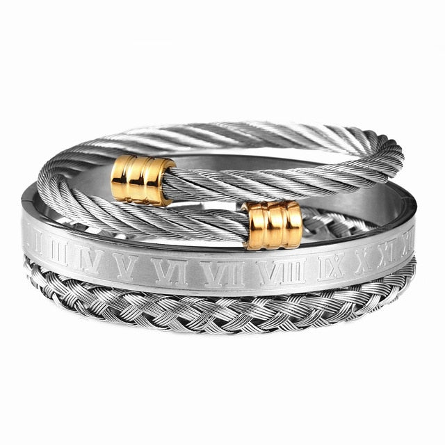 Luxury 3pcs/Set Stainless Steel Bracelet Hip Hop Men Jewelry Roman Number Charm  Gold Color Jewelry For  Men Pulseira Bileklik