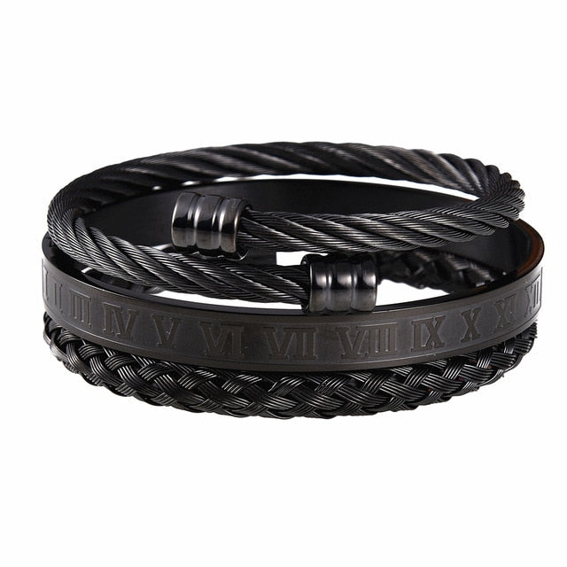 Luxury 3pcs/Set Stainless Steel Bracelet Hip Hop Men Jewelry Roman Number Charm  Gold Color Jewelry For  Men Pulseira Bileklik