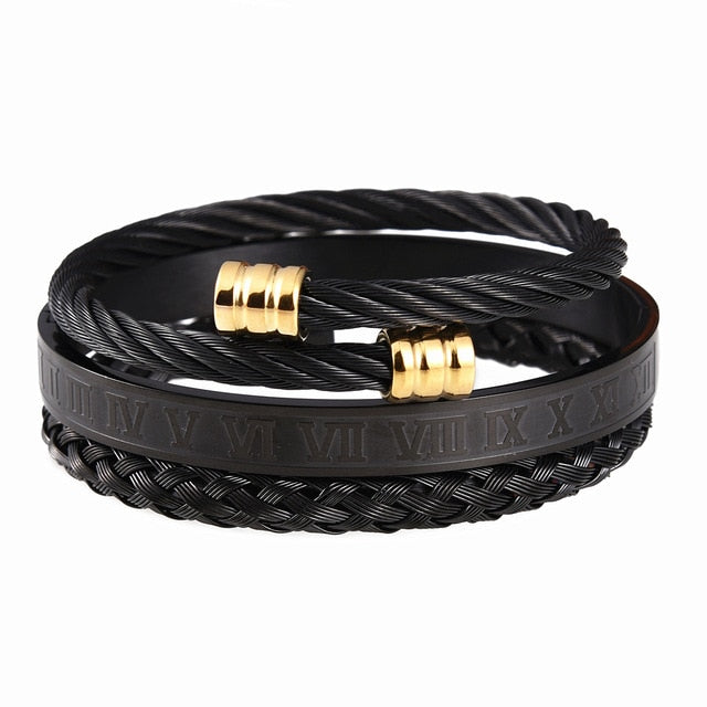 Luxury 3pcs/Set Stainless Steel Bracelet Hip Hop Men Jewelry Roman Number Charm  Gold Color Jewelry For  Men Pulseira Bileklik