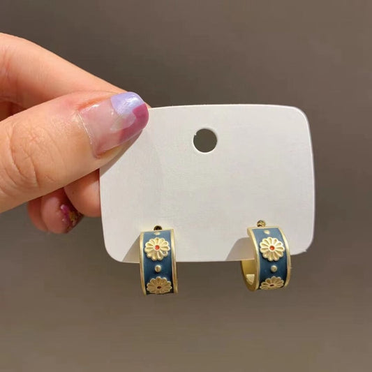 MENGJIQIAO Korean Cute Vintage Flower Enamel Square Round Glaze Stud Earrings For Women Fashion Boucle d'oreille Brincos Jewelry