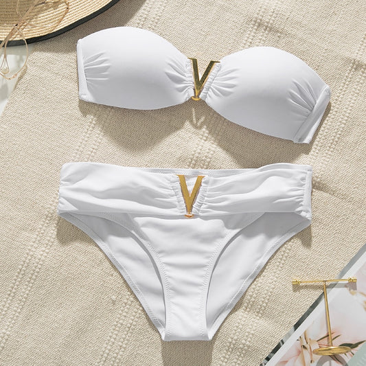 White push up woman swimsuit 2020 new Summer beach sexy bikini set solid swimming suit for women swimwear Bandeau bathing suit