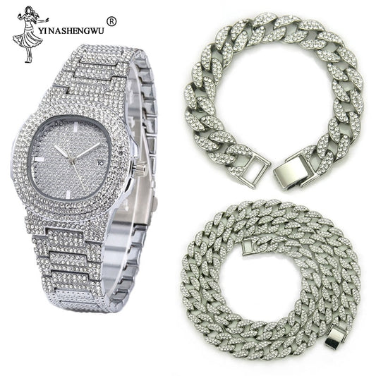 Necklace+Watch+Bracelet Hip Hop Miami Curb Cuban Chain Gold Color Iced Out Paved Rhinestones CZ Bling Rapper Jewelry For Men