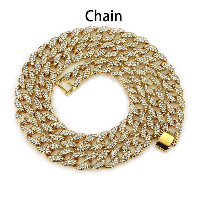 Necklace+Watch+Bracelet Hip Hop Miami Curb Cuban Chain Gold Color Iced Out Paved Rhinestones CZ Bling Rapper Jewelry For Men