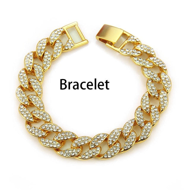 Necklace+Watch+Bracelet Hip Hop Miami Curb Cuban Chain Gold Color Iced Out Paved Rhinestones CZ Bling Rapper Jewelry For Men