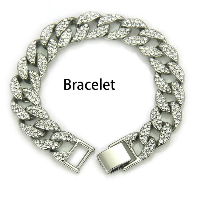 Necklace+Watch+Bracelet Hip Hop Miami Curb Cuban Chain Gold Color Iced Out Paved Rhinestones CZ Bling Rapper Jewelry For Men