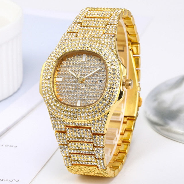 Necklace+Watch+Bracelet Hip Hop Miami Curb Cuban Chain Gold Color Iced Out Paved Rhinestones CZ Bling Rapper Jewelry For Men