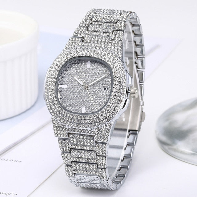 Necklace+Watch+Bracelet Hip Hop Miami Curb Cuban Chain Gold Color Iced Out Paved Rhinestones CZ Bling Rapper Jewelry For Men
