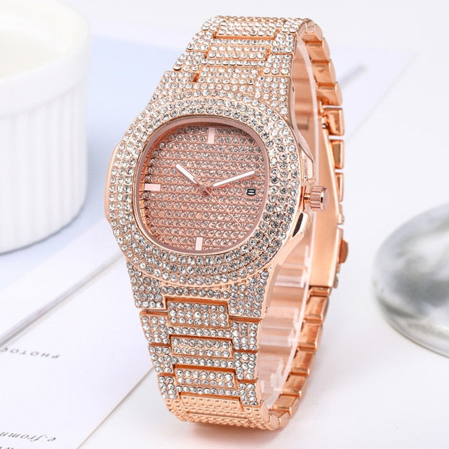 Necklace+Watch+Bracelet Hip Hop Miami Curb Cuban Chain Gold Color Iced Out Paved Rhinestones CZ Bling Rapper Jewelry For Men
