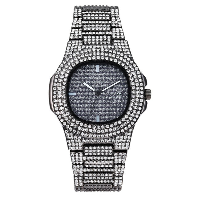 Necklace+Watch+Bracelet Hip Hop Miami Curb Cuban Chain Gold Color Iced Out Paved Rhinestones CZ Bling Rapper Jewelry For Men